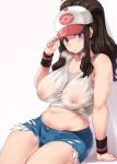  1girl bangs bare_shoulders baseball_cap blue_eyes blush breasts brown_hair collarbone covered_nipples cutoffs denim denim_shorts hat high_ponytail highres large_breasts long_hair looking_at_viewer moisture_(chichi) navel plump pokemon pokemon_(game) pokemon_bw shirt short_shorts shorts sidelocks simple_background sitting solo sweat tank_top thighs touko_(pokemon) white_background white_shirt wristband 