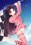  1girl absurdres bangs black_hair blush commentary_request earrings eyebrows_visible_through_hair fate/grand_order fate_(series) flag fur_trim highres holding holding_flag hood hood_down ishtar_(fate/grand_order) ishtar_(swimsuit_rider)_(fate) jacket jewelry leg_up long_hair long_sleeves looking_at_viewer parted_bangs pink_jacket pink_legwear red_eyes ribbon single_thighhigh smile solo swimsuit thighhighs tming two_side_up 