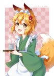  1girl :3 :d animal_ear_fluff animal_ears apron blonde_hair blush border checkered checkered_background commentary_request cup dated eyebrows_visible_through_hair fang fox_ears fox_tail gecotan hair_between_eyes holding holding_tray long_sleeves maid_headdress number open_mouth outside_border pink_background senko_(sewayaki_kitsune_no_senko-san) sewayaki_kitsune_no_senko-san signature smile solo steam tail tray waitress white_apron yellow_eyes yunomi 