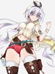  1girl absurdres ahoge atelier_(series) atelier_ryza boots breasts clenched_hand contrapposto cosplay disconnected_mouth emmxd325 from_below grey_background hair_between_eyes highres large_breasts lavender_hair long_hair looking_at_viewer low_twintails midriff navel purple_eyes reisalin_stout reisalin_stout_(cosplay) senki_zesshou_symphogear short_shorts shorts simple_background skindentation smile solo thigh_boots thigh_pouch thighhighs thighhighs_under_boots thighs twintails very_long_hair vial white_background white_legwear yukine_chris 