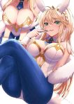  1girl animal_ears artoria_pendragon_(all) artoria_pendragon_(swimsuit_ruler)_(fate) bangs blonde_hair blue_legwear blue_neckwear blush braid breasts bunny_ears card cleavage collar collarbone commentary_request crossed_legs detached_collar eyebrows_visible_through_hair fate/grand_order fate_(series) feet_out_of_frame fingernails green_eyes hair_between_eyes hand_up high_ponytail highres holding holding_card large_breasts leotard long_hair looking_at_viewer multiple_views necktie pantyhose parted_lips ponytail saruei short_necktie sidelocks simple_background sitting smile strapless strapless_leotard tiara upper_teeth v-shaped_eyebrows very_long_hair white_background white_collar white_leotard wrist_cuffs 