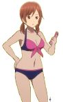  1girl 2019 :o armpits bare_legs bikini brown_hair cellphone cleavage female hand_on_hip highres joshi_kousei_no_mudazukai kikuchi_akane legs long_hair looking_at_viewer low_twintails scan solo swimsuit tomboy vzmk2 white_background 