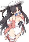  1girl asymmetrical_legwear bangs black_hair breasts collarbone earrings fate/grand_order fate_(series) feet fur-trimmed_hood fur-trimmed_legwear fur_trim gold_trim hair_ribbon hat hat_ribbon hoop_earrings ishtar_(fate/grand_order) ishtar_(swimsuit_rider)_(fate) jacket jewelry long_hair looking_at_viewer medium_breasts navel parted_bangs pink_hoodie pink_jacket pink_legwear red_eyes ribbon shiseki_hirame solo standing standing_on_one_leg sunglasses swimsuit thighhighs white_headwear white_swimsuit 