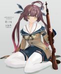  1girl ahoge bangs battle_rifle blue_skirt blush breasts brown_footwear brown_hair character_name clothes_writing full_body girls_frontline grey_background gun hair_ribbon highres holding holding_gun holding_weapon kesomaru long_hair long_sleeves m14 m14_(girls_frontline) multicolored_hair pleated_skirt pocket ribbon rifle shoes simple_background sitting skirt smile solo thighhighs twintails two-tone_hair weapon white_legwear yellow_eyes 
