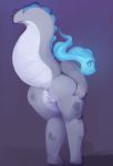  anthro anus blue_eyes blue_fire blue_sclera butt colored_fire dragon elemental female fire fire_elemental grey_skin looking_back nude pussy scalie simple_background solo source_request standing unknown_artist 