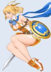  1girl arm_strap bangs bare_legs bare_shoulders belt_buckle blonde_hair blue_eyes blue_scarf breasts buckle cassandra_alexandra cleavage cleavage_cutout detached_collar dress eyelashes feet_together from_side grey_background hair_ribbon high_heels highres holding holding_sword holding_weapon knees_up looking_at_viewer medium_breasts medium_hair multicolored multicolored_clothes multicolored_dress multicolored_footwear nostrils orange_dress orange_footwear parted_bangs parted_lips ponytail ribbon scarf shield shigenobu short_sword sidelocks simple_background smile solo soulcalibur soulcalibur_vi sword thighs weapon white_dress white_footwear white_ribbon 