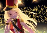  1girl ^_^ absurdres bang_dream! bangs blonde_hair blurry blurry_background breasts closed_eyes commentary_request depth_of_field epaulettes eyebrows_visible_through_hair facing_viewer glowstick grin hand_up hat headset highres long_hair medium_breasts poyo_(shwjdddms249) red_shirt shako_cap shirt sleeveless sleeveless_shirt smile solo tsurumaki_kokoro upper_body very_long_hair white_headwear wrist_cuffs 