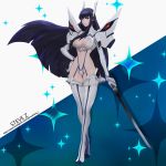  1girl artist_name bakuzan black_hair blue_eyes boots full_body high_collar high_heels highres junketsu kamui_(kill_la_kill) katana kill_la_kill kiryuuin_satsuki long_hair revealing_clothes school_uniform solo steve_zheng stomach sword thick_eyebrows thigh_boots thighhighs thighs very_long_hair watermark weapon web_address white_legwear 