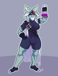  2019 abs alien amphibian anthro breasts clothed clothing digital_media_(artwork) eyewear female fish footwear gloves goggles handwear humanoid hylotl marine multi_eye muscular scientist simple_background smile solo standing standing_tough starbound teeth vials video_games 