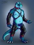  2018 anthro balls bdsm belly blue_body blue_nipples bodily_fluids bondage bound by-nc-nd clothed clothing collar countershade_torso countershading creative_commons digital_media_(artwork) digitigrade dragomar erection feet genital_fluids handcuffs harness hi_res humanoid_penis leather lizard male mature_male musclegut muscular nipples nude obfuscator partially_clothed pecs penis precum reference_image reptile rubber rubber_suit scalie shackles simple_background slightly_chubby solo underwear yellow_eyes 
