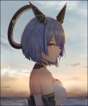  1girl azur_lane blue_hair blurry border breasts closed_mouth cloud depth_of_field envyvanity floating_headgear from_side gascogne_(azur_lane) large_breasts multicolored_hair outdoors profile short_hair sky solo streaked_hair sunrise sunset upper_body water yellow_eyes 