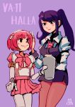  2girls absurdres android artist_request bartender bow bowtie commentary_request copyright_name cup dorothy_haze highres holding holding_cup jill_stingray multiple_girls necktie pantyhose pink_hair purple_hair skirt smile twintails va-11_hall-a 