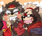  2019 absurd_res anthro blush brown_fur canid canine clothed clothing duo fur goemon_(tas) hi_res humanoid_hands male mammal momochi_sandayuu one_eye_closed overweight overweight_male raccoon_dog sengoku_puzzle simple_background tanuki tokyo_afterschool_summoners video_games wink yamatoji201 