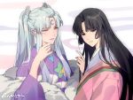  2girls artist_name black_hair commentary_request crescent_moon facial_mark fur gearous grey_eyes hime_cut inuyasha izayoi_(inuyasha) japanese_clothes kimono lips lipstick long_hair looking_at_viewer makeup moon multiple_girls pointy_ears sesshoumaru&#039;s_mother silver_hair twintails yellow_eyes 