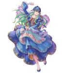  1girl armor bangs blue_footwear breasts collarbone detached_sleeves dress fire_emblem fire_emblem:_path_of_radiance fire_emblem_heroes frills full_body green_hair haccan helmet highres long_hair medium_breasts nephenee non-web_source official_art puffy_sleeves shoes solo transparent_background veil wide_sleeves 