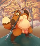  2019 anthro balls belly brown_fur canid canine detailed_background flaccid fur hi_res humanoid_hands humanoid_penis male mammal manlyster moobs navel nipples outside overweight overweight_male penis raccoon_dog solo tanuki water 