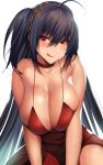  1girl ahoge azur_lane bangs bare_shoulders black_hair blush breasts choker cleavage cocktail_dress collarbone dress hair_between_eyes hair_ornament highres huge_breasts licking_lips lolicept long_hair looking_at_viewer one_side_up red_choker red_dress red_eyes simple_background smile solo sweat taihou_(azur_lane) taihou_(forbidden_feast)_(azur_lane) tongue tongue_out white_background 