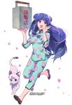  1girl artist_name blush cat chinese_clothes double_bun floral_print flower food_delivery_box gearous hair_bobbles hair_ornament highres long_hair open_mouth petals purple_eyes purple_hair ranma_1/2 shampoo_(ranma_1/2) slippers solo white_background 