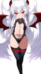  1girl :p arms_behind_back ass_visible_through_thighs black_legwear black_leotard breasts center_opening cosplay crossed_legs demon_girl demon_wings fate/kaleid_liner_prisma_illya fate_(series) grim_aloe highres horns illyasviel_von_einzbern illyasviel_von_einzbern_(cosplay) leotard long_hair naughty_face navel quiz_magic_academy quiz_magic_academy_the_world_evolve red_eyes shimejinameko simple_background small_breasts smile solo thigh_gap thighhighs thighs tongue tongue_out twintails very_long_hair white_background white_hair wings 