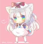  1girl :3 animal_ear_fluff animal_ears apron azur_lane bangs black_bow black_shirt blue_eyes blush bow brown_background cat_ears cat_girl cat_tail chibi closed_mouth eyebrows_visible_through_hair full_body green_eyes grey_footwear hammann_(azur_lane) hands_on_hips kouu_hiyoyo long_hair looking_at_viewer maid_apron multicolored multicolored_eyes one_side_up puffy_short_sleeves puffy_sleeves shirt short_sleeves silver_hair solo standing striped striped_bow tail thighhighs twitter_username very_long_hair white_apron white_legwear wrist_cuffs 