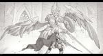  1boy angel_wings armor cape feathers fighting final_fantasy final_fantasy_xiv gauntlets greyscale highres holding holding_sword holding_weapon monochrome paladin_(final_fantasy) pauldrons pouch ricemune723623 shield statue sword weapon wings 