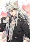  1boy alternate_costume animal_ears artist_name bag casual cherry_blossoms commentary dog_ears fang gakuran gearous highres inuyasha inuyasha_(character) lips long_hair looking_at_viewer male_focus over_shoulder school_bag school_uniform silver_hair solo unbuttoned yellow_eyes 