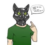  1:1 2019 agent_(artist) animal_humanoid cat_humanoid clothing felid felid_humanoid feline feline_humanoid gesture green_eyes humanoid male mammal mammal_humanoid open_mouth pointing rubber shirt simple_background solo suit_transformation surprise topwear transformation unseen_character white_background yellow_sclera 
