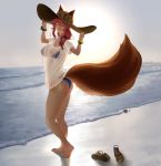  1girl absurdres animal_ear_fluff animal_ears ass barefoot beach bikini bikini_under_clothes blue_bikini breasts cleavage closed_eyes day ears_through_headwear eyebrows_visible_through_hair fang fate/grand_order fate_(series) fox_ears fox_girl fox_tail hair_between_eyes hat highres large_breasts ocean outdoors pink_hair shirofugu shirt side-tie_bikini skin_fang solo starfish straw_hat sunlight swimsuit tail tamamo_(fate)_(all) tamamo_no_mae_(swimsuit_lancer)_(fate) wet wet_clothes wet_shirt wet_t-shirt 