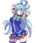  1girl absurdres aqua_(konosuba) aqua_eyes arched_back armpits arms_behind_head arms_up blue_eyes blue_hair blue_legwear blue_shirt blue_skirt blush bow breasts commentary_request cowboy_shot detached_sleeves green_bow hair_ornament hair_spread_out highres kono_subarashii_sekai_ni_shukufuku_wo! long_hair looking_at_viewer medium_breasts pleated_skirt see-through shiny shiny_hair shirt simple_background skirt solo thighhighs very_long_hair white_background yamashita_shun&#039;ya 