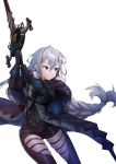  1girl arknights arm_up bangs bare_shoulders black_gloves black_pants black_shirt braid eyebrows_visible_through_hair gloves hair_between_eyes hand_up holding holding_sword holding_weapon long_hair long_sleeves looking_away looking_to_the_side pants red_eyes shirt silver_hair simple_background single_braid skadi_(arknights) skindentation sleeveless sleeveless_shirt solo sword thigh_cutout very_long_hair weapon white_background xo_(xo17800108) 