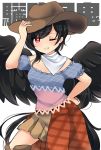  1girl arm_up bandana bangs bare_shoulders black_hair black_wings blue_shirt brown_headwear brown_skirt commentary_request cowboy_hat cowboy_shot feathered_wings grin hand_on_headwear hand_on_hip hat highres kurokoma_saki long_hair looking_at_viewer off-shoulder_shirt off_shoulder one_eye_closed ougi_hina plaid puffy_short_sleeves puffy_sleeves red_eyes shirt short_sleeves simple_background skirt smile solo tail touhou translation_request very_long_hair white_background wings 