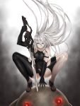  1girl absurdres android armlet bangs bare_shoulders black_gloves black_shorts blue_eyes boots closed_mouth elbow_gloves gloves hair_between_eyes high_heel_boots high_heels highres holding holding_sword holding_weapon long_hair mole mole_under_mouth nier_(series) nier_automata no_blindfold nyatokanyaru pink_lips robot robot_joints shorts silver_hair squatting sword tank_top weapon yorha_type_a_no._2 