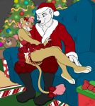  anthro blush bodily_fluids christmas clothed clothing crossdressing diaper dress duo eye_contact felid genital_fluids girly hair hi_res holidays lion looking_at_another male mammal on_lap pantherine pink_hair polar_bear santa_claus urine ursid ursine wen wet_diaper wetting 