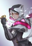  1girl cloak closed_mouth gradient gradient_background highres hood hood_up lcw961904412 league_of_legends mechanical_arm scratches short_hair solo torn_clothes upper_body white_hair yellow_eyes 