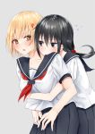  2girls anger_vein bangs black_eyes black_hair black_sailor_collar black_skirt blonde_hair blush brown_eyes closed_mouth collarbone eyebrows_visible_through_hair flying_sweatdrops grey_background hair_between_eyes hair_ornament highres hug hug_from_behind long_hair looking_at_another looking_back multiple_girls neckerchief original parted_lips piripun pleated_skirt puffy_short_sleeves puffy_sleeves red_neckwear sailor_collar school_uniform serafuku shirt short_sleeves simple_background skirt sweat white_shirt yuri 