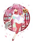  1girl alternate_hair_color apron artist_name cherry_blossoms chinese_clothes double_bun food food_delivery_box full_body hair_bobbles hair_ornament looking_at_viewer motobi_(mtb_umk) open_mouth petals pink_eyes pink_hair ranma_1/2 round_window shampoo shampoo_(ranma_1/2) slippers solo teeth twitter_username window 