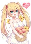  1girl :d akai_haato animal apron bag bangs bare_arms bare_shoulders blonde_hair blue_eyes blush breasts cleavage commentary_request eyebrows_visible_through_hair fang followers frilled_apron frills grocery_bag haaton_(haato_channel) hair_between_eyes hair_ornament hair_ribbon hairclip heart heart_hair_ornament highres hololive long_hair looking_at_viewer medium_breasts naked_apron neps-l open_mouth paper_bag pig red_ribbon ribbon shopping_bag sidelocks smile twintails very_long_hair virtual_youtuber white_apron white_background 