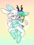  2019 absurd_res anthro antlers balls blush bodily_fluids cervid chibi couple_(disambiguation) cub digital_media_(artwork) dummy duo female fur grimix hair hi_res horn lagomorph leporid male mammal nude pacifier penetration penis rabbit sex thick_thighs young 