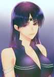  1girl artist_request bishoujo_senshi_sailor_moon black_hair breasts cleavage earrings facial_mark forehead_mark highres jewelry large_breasts lips looking_at_viewer mistress_9 pearl_(gemstone) purple_eyes sailor_moon solo star upper_body 