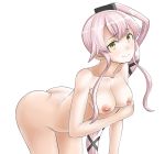  1girl 30-06 bent_over breasts cowboy_shot eyebrows_visible_through_hair green_eyes hair_flaps highres kantai_collection large_breasts long_hair nipples nude pink_hair ponytail smile solo very_long_hair white_background yura_(kantai_collection) 