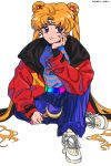  1girl 80s alternate_costume artist_name bishoujo_senshi_sailor_moon blonde_hair blue_eyes casual chanran chin_rest crescent crescent_earrings earrings headband highres jewelry long_hair looking_at_viewer moon_stick oldschool sailor_moon sitting solo tsukino_usagi twitter_username very_long_hair white_background 