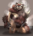 2019 anthro bodily_fluids brown_fur butt canid canine duo fur goemon_(tas) hi_res hug human humanoid_hands japanese_text male mammal raccoon_dog simple_background slightly_chubby sweat tanuki text tokyo_afterschool_summoners video_games yukikazefactory 