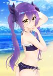  1girl arms_up artist_request ass azur_lane beach blurry blurry_background building cloud commentary_request dewey_(azur_lane) dewey_(relaxing_summer)_(azur_lane) hair_between_eyes hair_ornament hair_ribbon hairclip lens_flare long_hair looking_at_viewer ocean purple_hair ribbon sky solo swimsuit twintails yellow_eyes 