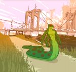  4_arms alfas animated anthro city day grass green_scales multi_arm multi_limb naga reptile river samurai_sword scales scalie slither snake 