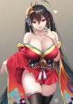  1girl ahoge azur_lane bangs bare_shoulders black_hair breasts cleavage collarbone commentary_request crossed_bangs hair_between_eyes heart highres japanese_clothes kimono large_breasts long_hair looking_at_viewer mask obi oekakizuki off_shoulder open_mouth red_eyes red_kimono sash standing taihou_(azur_lane) thighhighs thighs very_long_hair 
