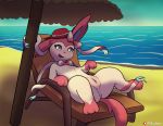  beach belly blush eeveelution female feral hi_res looking_at_viewer lying mammal nintendo nude on_back pikajota pok&eacute;mon pok&eacute;mon_(species) presenting presenting_pussy pussy sea seaside solo spread_legs spreading sylveon umbrella video_games water 