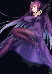  1girl bangs black_background breasts brown_legwear dress eyebrows_visible_through_hair fate/grand_order fate_(series) feather_trim fur-trimmed_dress fur_trim hair_between_eyes headpiece high_heels holding holding_wand long_hair long_sleeves looking_away medium_breasts pantyhose purple_dress purple_footwear purple_hair red_eyes scathach_(fate)_(all) scathach_skadi_(fate/grand_order) see-through shoes simple_background solo very_long_hair wand wide_sleeves xo_(xo17800108) 
