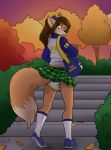  anthro blush bodily_fluids canid canine canis cheerleader diaper female fox genital_fluids hi_res hybrid looking_back mammal outside solo urine wen wetting wolf 