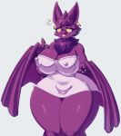  2019 alma_(mrsk) anthro big_breasts breasts chiropteran cleavage clothed clothing female fur hi_res mammal mrsk nipple_outline open_mouth purple_fur smile solo standing thick_thighs voluptuous wide_hips yellow_eyes 