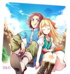  1boy 1girl bandana blonde_hair blue_eyes boots brown_hair chikariya closed_eyes couple dragon_quest dragon_quest_xi dress emma_(dq11) hero_(dq11) leaning_on_person looking_at_viewer mountain sitting smile tree 